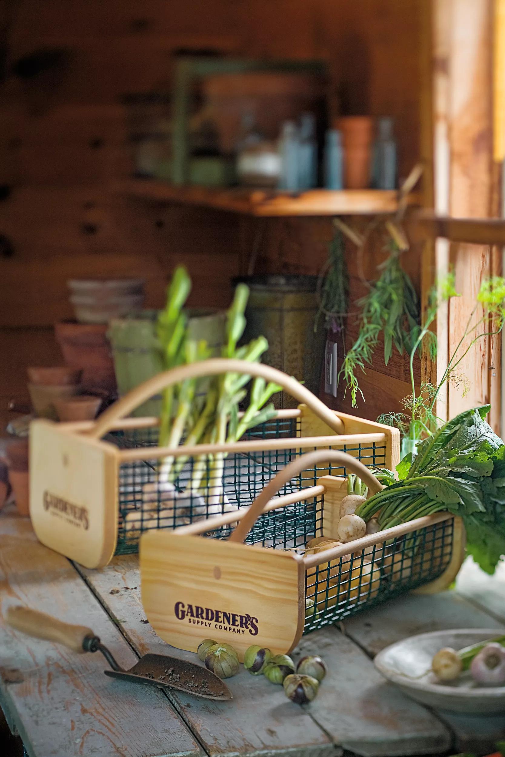 Panier de récolte de jardin en treillis métallique à cadre en bois avec poignée