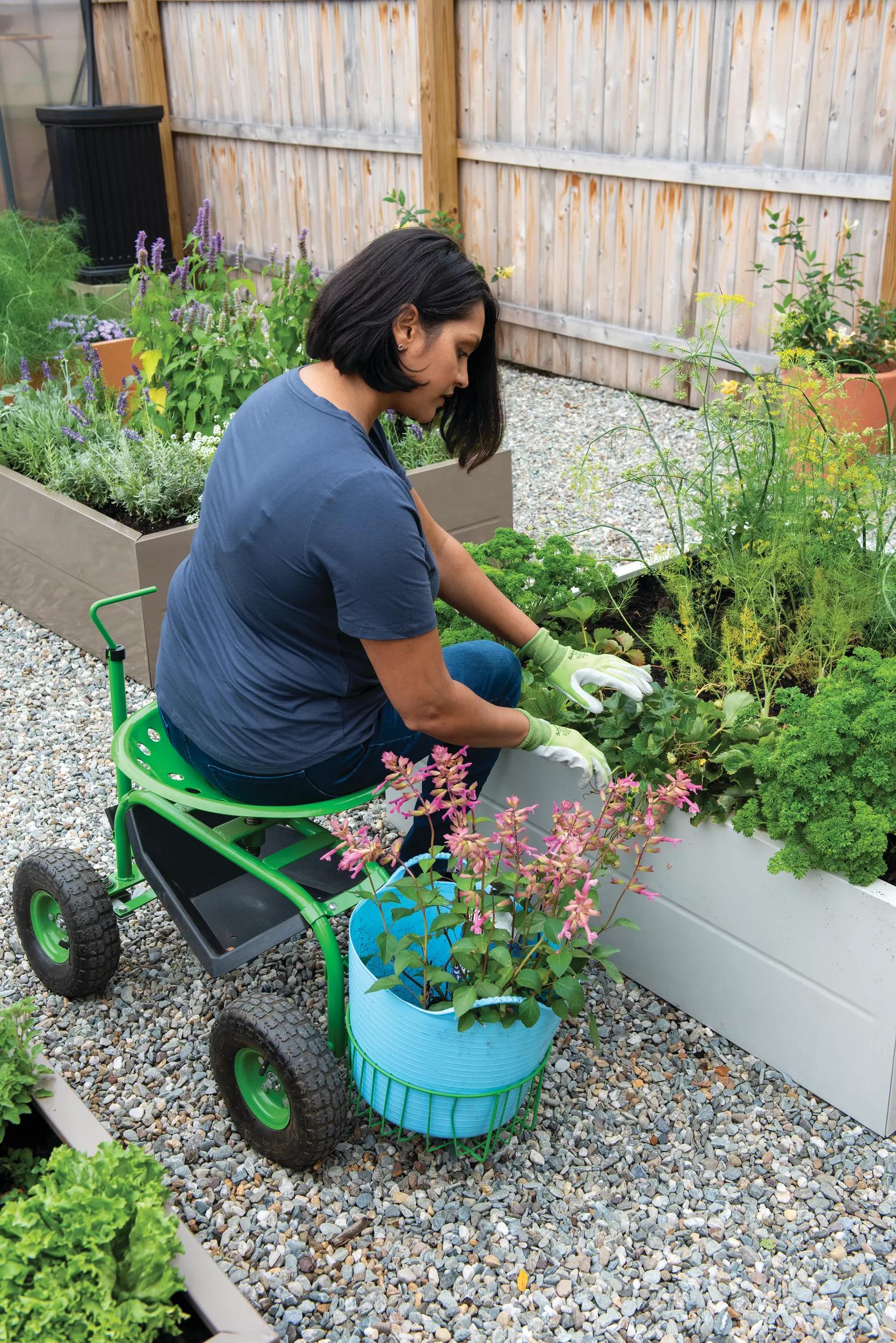 Jardinage Deluxe avec Siège Roulant et Panier à Outils, Multicolore