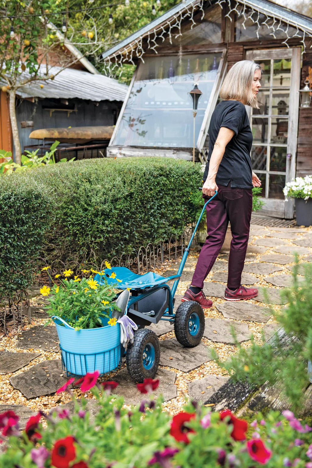 Jardinage Deluxe avec Siège Roulant et Panier à Outils, Multicolore
