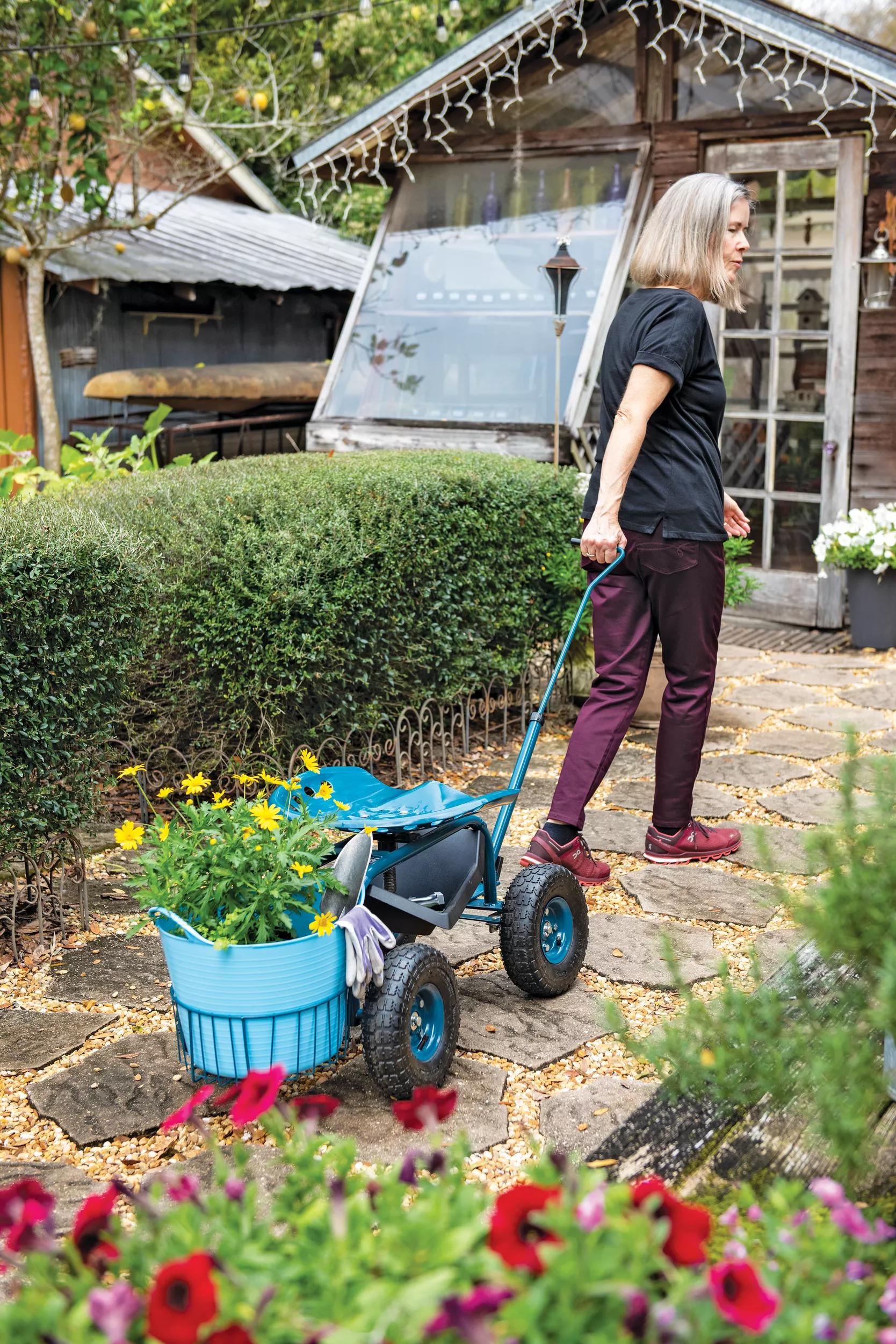 Jardinage Deluxe avec Siège Roulant et Panier à Outils, Multicolore