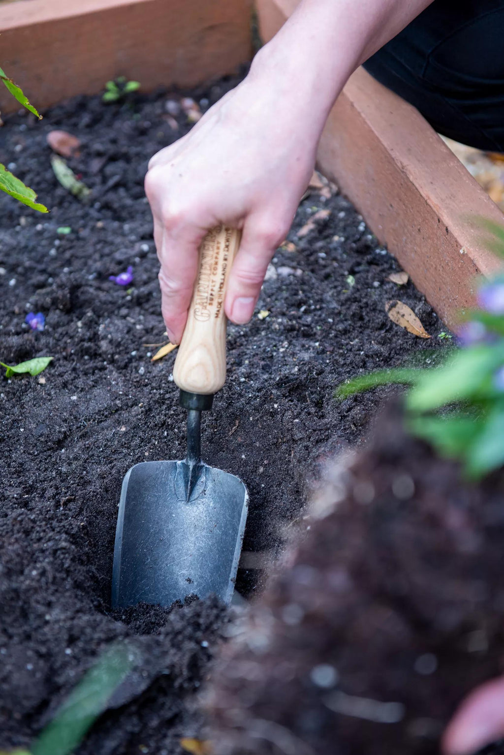 Transplantoir de jardin en acier à haute teneur en carbone forgé à la main avec manche en bois dur