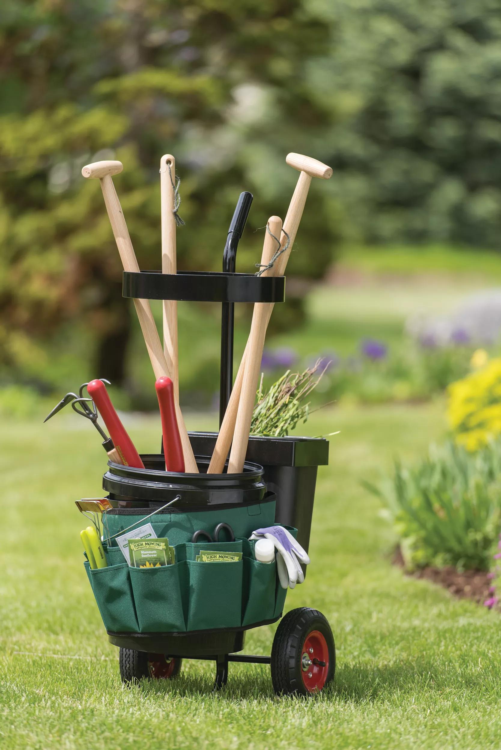 Chariot de rangement à roulettes pour outils de jardin avec organiseur de seaux