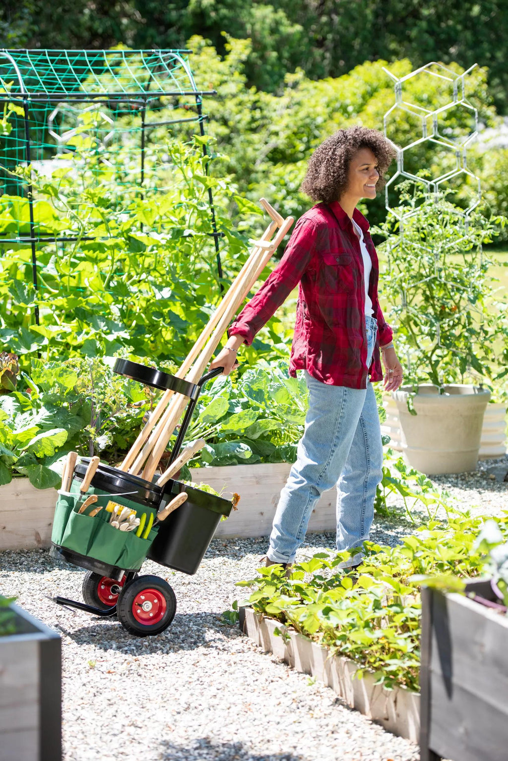 Chariot de rangement à roulettes pour outils de jardin avec organiseur de seaux