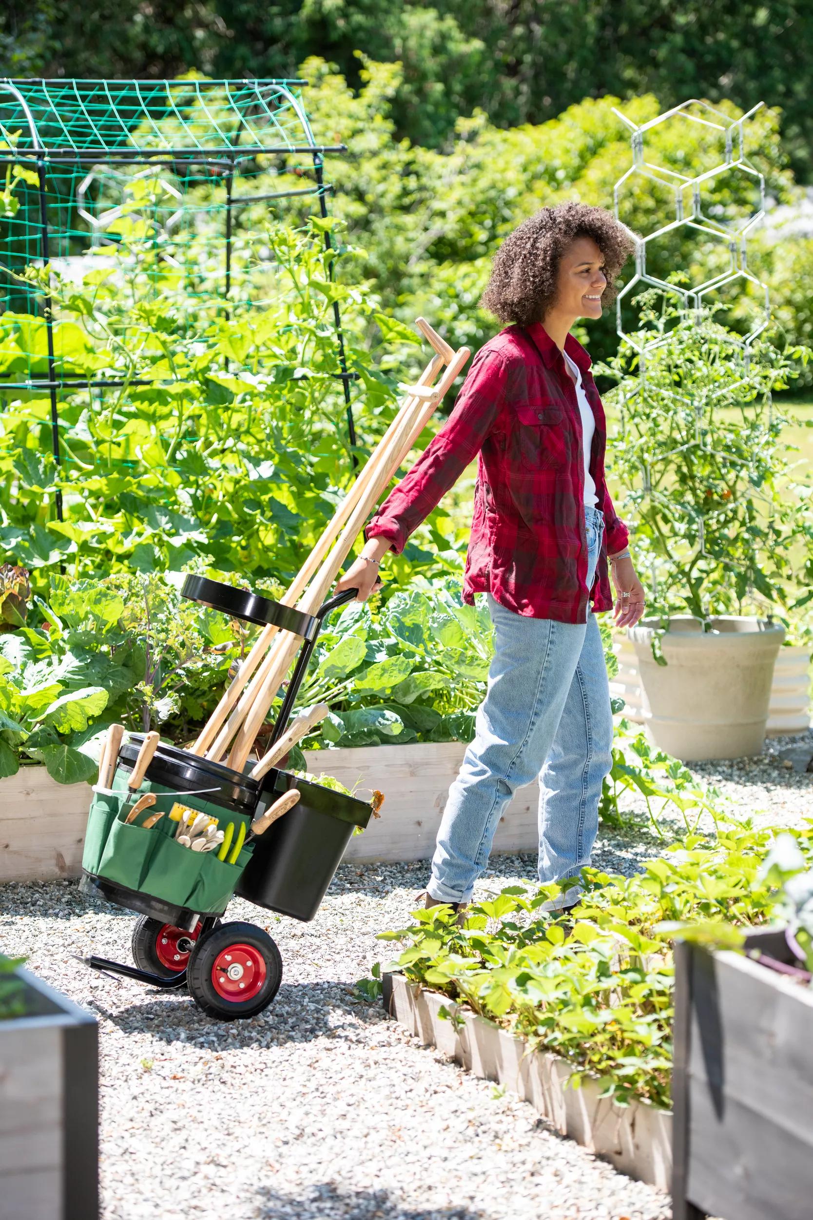 Chariot de rangement à roulettes pour outils de jardin avec organiseur de seaux