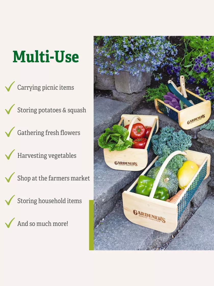 Panier de récolte de jardin en treillis métallique à cadre en bois avec poignée