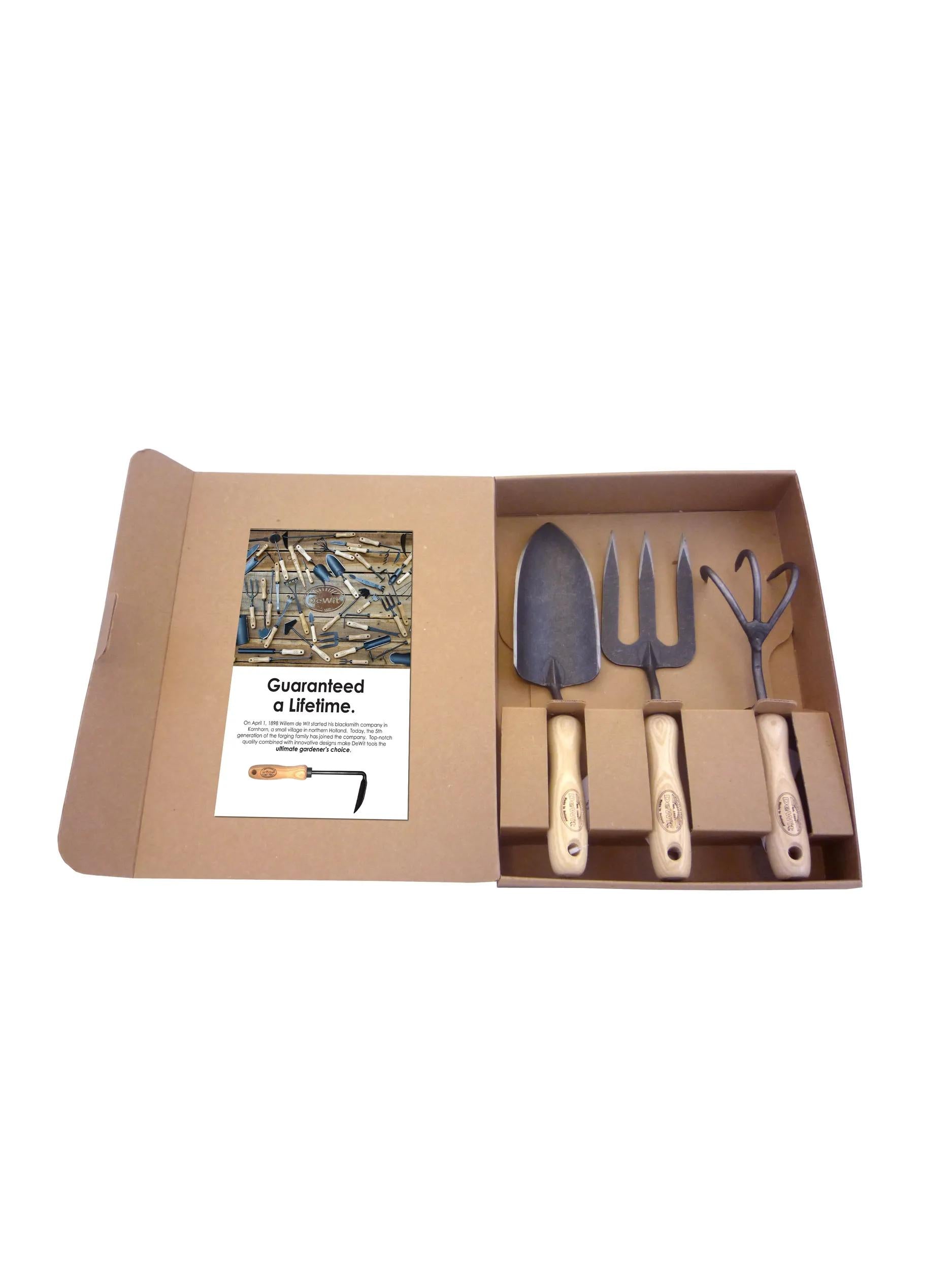 Ensemble cadeau d'outils de jardinier 3 pièces : transplantoir forgé, fourche et cultivateur