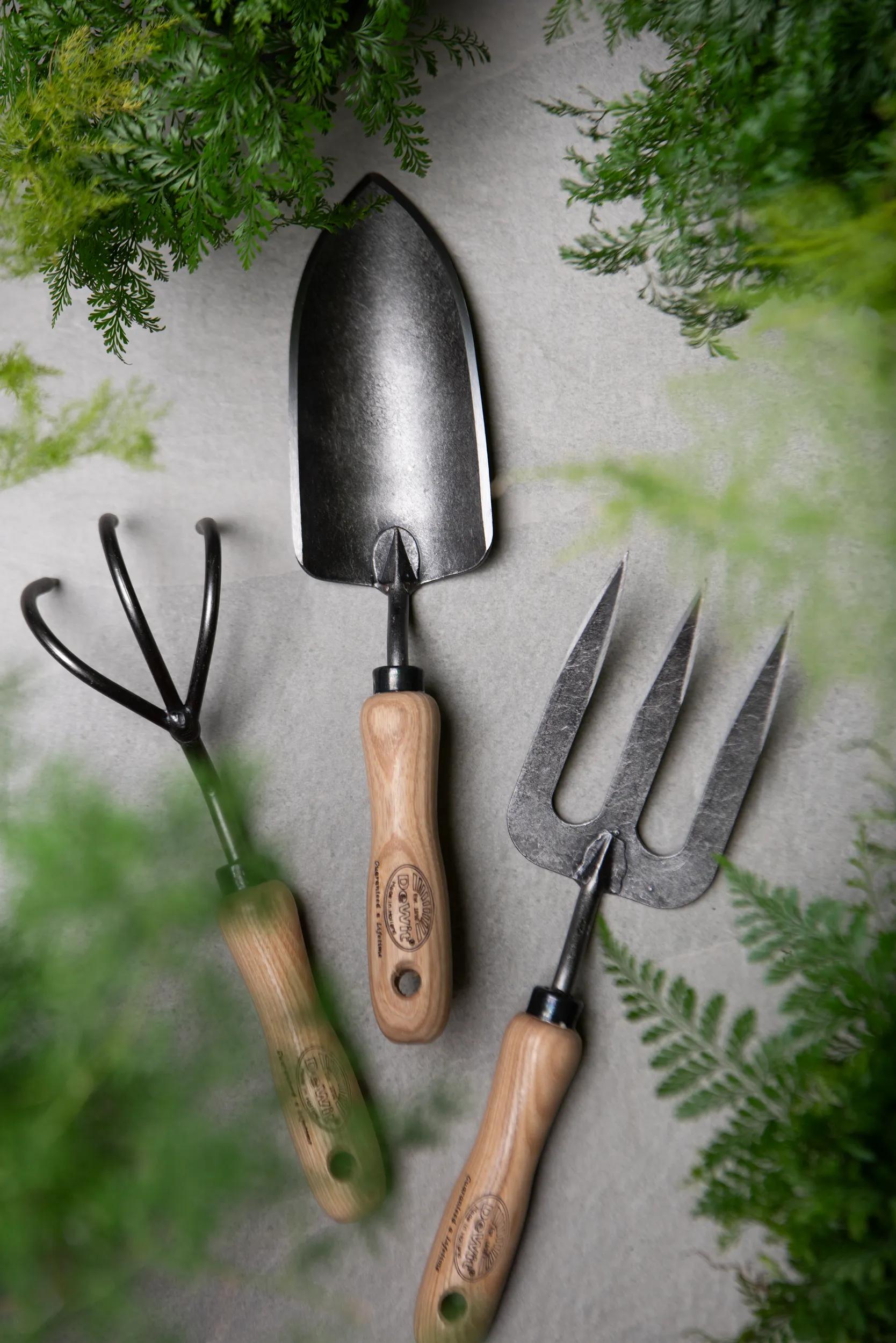 Ensemble cadeau d'outils de jardinier 3 pièces : transplantoir forgé, fourche et cultivateur