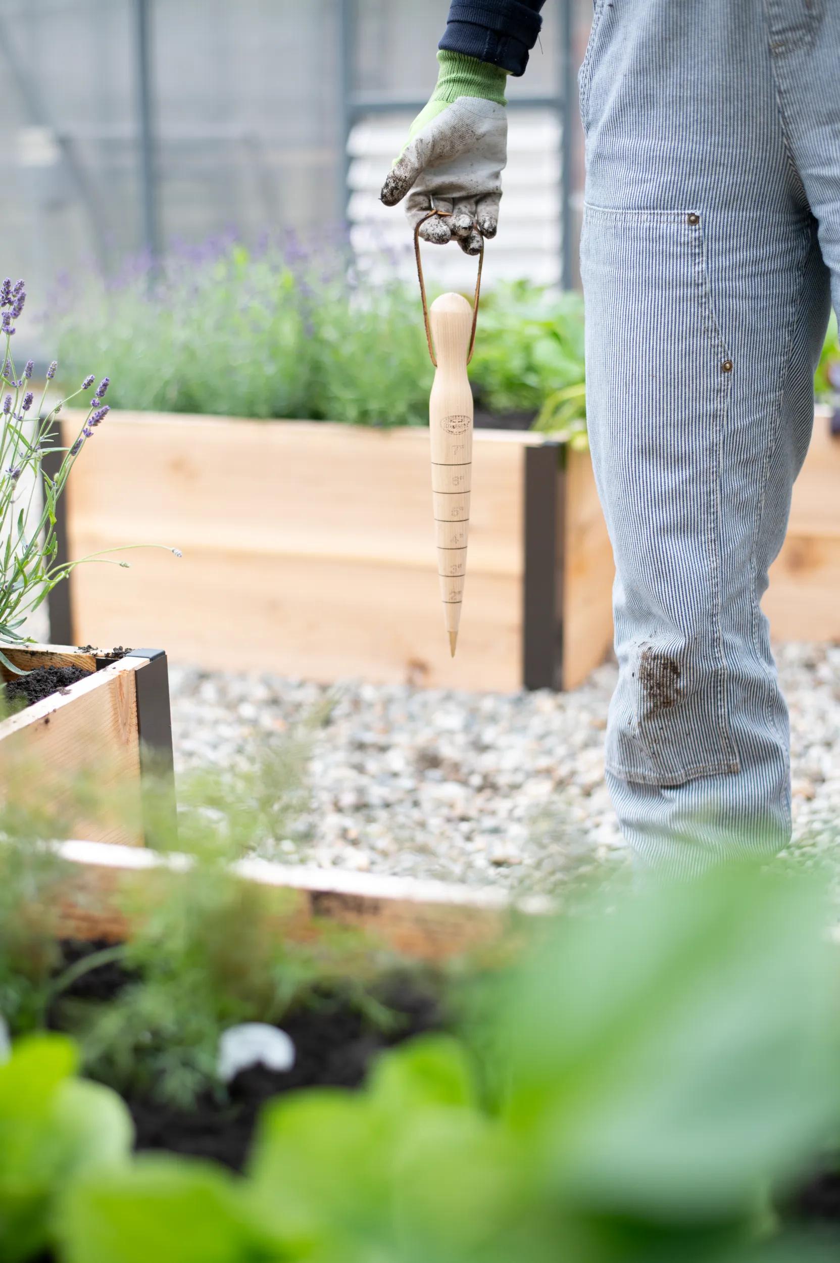 Plantoir en bois à pointe en laiton avec marqueurs de profondeur gravés pour le semis
