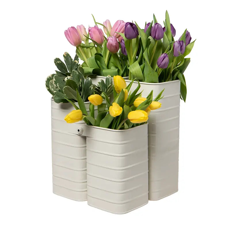 Caddy à fleurs en métal crème avec poignée en bois amovible et 3 compartiments