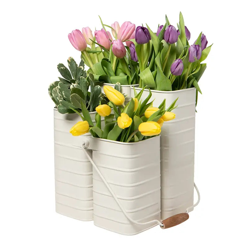 Caddy à fleurs en métal crème avec poignée en bois amovible et 3 compartiments