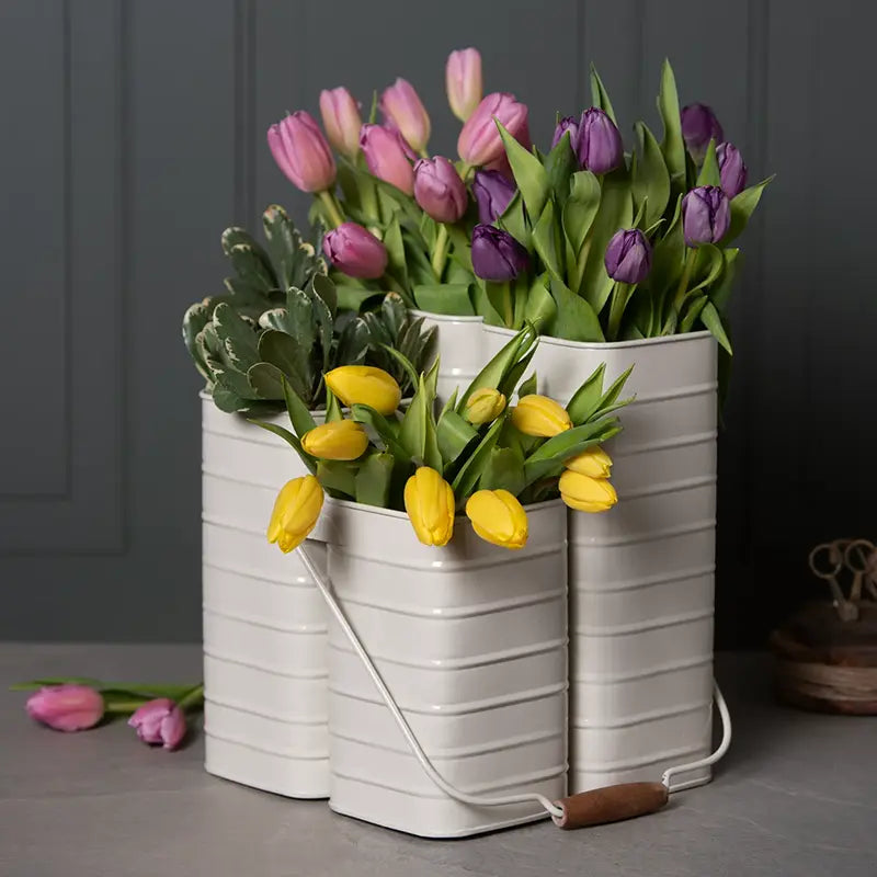 Caddy à fleurs en métal crème avec poignée en bois amovible et 3 compartiments