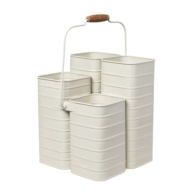 Caddy à fleurs en métal crème avec poignée en bois amovible et 3 compartiments