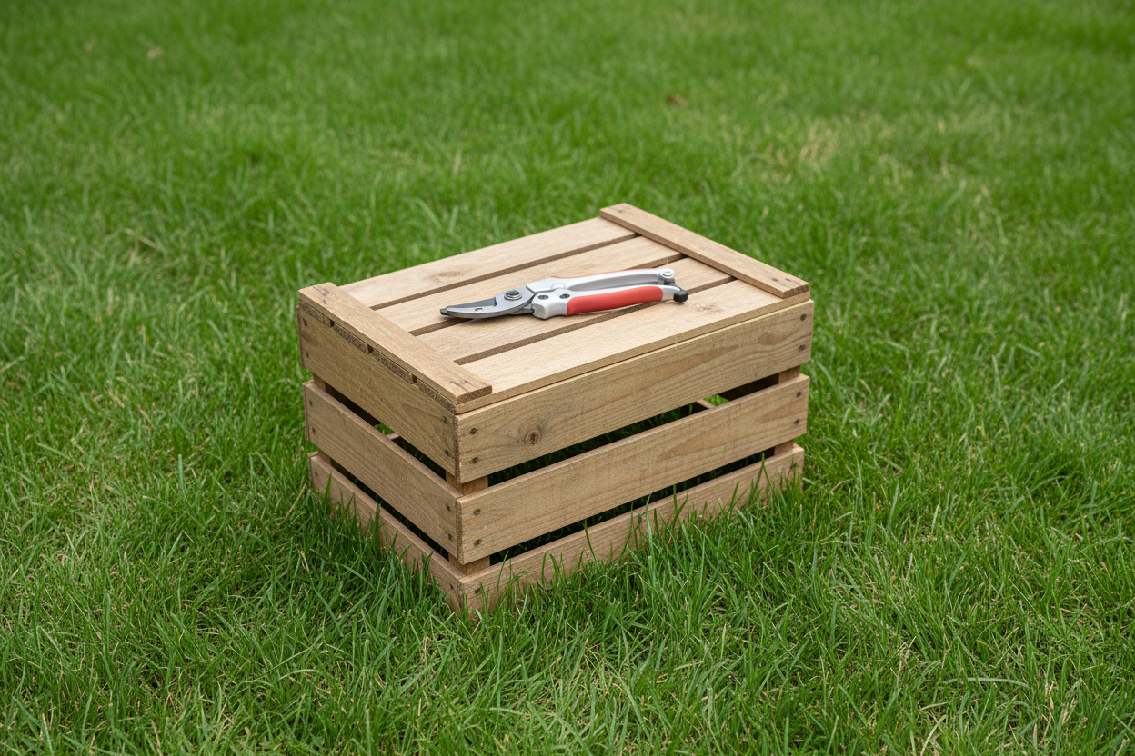 Garden Pruner on Wooden Crate – Angled Down View